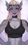 anthro athletic athletic_female blonde_hair choker clothed clothing crop_top ear_piercing ear_ring ear_tails eye_scar facial_piercing facial_scar fangs female flesh_tunnel gauged_ear grey_body hair hands_on_hips jewelry looking_at_viewer midriff multiple_piercings nails necklace nose_piercing nostril_piercing open_mouth piercing ring_piercing scar shirt smile solo tattoo teeth topwear undercut sugene cassandra_pines fish marine shark bust_portrait hi_res portrait