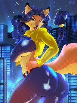 anthro big_breasts blue_hair breasts clothed clothing ear_piercing female fur hair looking_at_viewer piercing smile solo text redelder sly_cooper_(series) sony_corporation sony_interactive_entertainment sucker_punch_productions carmelita_fox canid canine fox mammal 3:4 absurd_res digital_media_(artwork) english_text hi_res