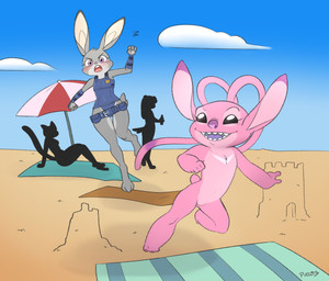 antennae_(anatomy) anthro beach blush buckteeth clothed clothing featureless_chest featureless_crotch feet female fingers fur genitals group holding_object navel open_mouth outside pink_body pink_fur police police_badge police_uniform purple_nose running sand_castle sculpture sitting smile tail teeth toes tongue towel umbrella uniform vulva pucco disney lilo_and_stitch zootopia angel_(lilo_and_stitch) judy_hopps alien experiment_(lilo_and_stitch) lagomorph leporid mammal rabbit absurd_res crossover digital_media_(artwork) hi_res