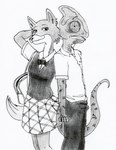 anthro asian_clothing bottomwear clothing duo east_asian_clothing female japanese_clothing japanese_uniform male male/female shy skirt student uniform efradraws itagaki_paru beast_complex beastars canid canine chameleon fox lizard mammal reptile scalie absurd_res graphite_(artwork) hi_res monochrome pen_(artwork) traditional_media_(artwork)