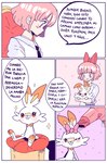 2023 accessory anthro bow_ribbon buckteeth clothing comic dialogue dryer duo female generation_8_pokemon hair hair_accessory hair_bow hair_dryer hair_ribbon hi_res human mammal nintendo one_eye_closed pink_hair pokemon pokemon_(species) purple_eyes renita_reed ribbons scorbunny simple_background sitting smile spanish_text speech_bubble teeth text translated white_body