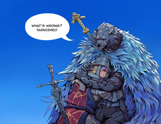 anthro armor biped blindfold blue_background cloak clothing dialogue duo facial_scar gauntlets gloves handwear headgear helmet hug human_on_anthro interspecies larger_anthro larger_male male male/male male_human/male_anthro melee_weapon purple_eyes scar simple_background size_difference smaller_human smaller_male sword text weapon eruprior elden_ring fromsoftware blaidd_(elden_ring) tarnished_(elden_ring) canid canine canis human mammal wolf 2022 digital_media_(artwork) english_text hi_res