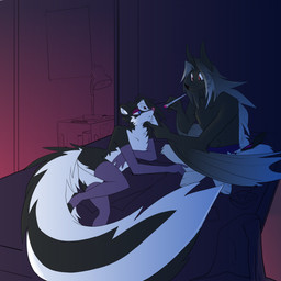 anthro armwear bat_ears bed bedroom big_tail black_body black_fur butt clothing duo elbow_gloves eyeshadow fur furniture gloves hair handwear lamp leggings legwear long_hair lying makeup male membrane_(anatomy) membranous_wings mostly_nude mostly_nude_anthro mostly_nude_male on_bed pillow skunk_tail tail thigh_highs tuft white_body white_fur winged_arms wings topazknight daniil_(wiserodin) jeremy_(topazknight) bat mammal mephitid skunk 1:1 absurd_res digital_media_(artwork) hi_res