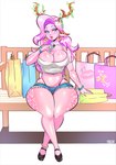 anthro bottomwear breasts cleavage clothed clothing crossed_legs cutoffs daisy_dukes denim denim_bottomwear denim_clothing female hair hotpants panties pink_body purple_hair shorts sitting solo thick_thighs underwear luvon deer mammal new_world_deer reindeer hi_res