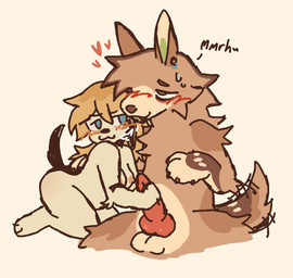 animal_genitalia animal_penis anthro areola arm_tuft balls black_ears black_tail blonde_hair blue_eyes blush bodily_fluids breasts breath brown_body brown_fur brown_hair canine_genitalia canine_penis claws closed_smile duo ear_piercing ear_tuft elbow_tuft female fur genitals green_eyes hair handjob heart_reaction kneeling knot knotted_penis looking_pleasured male male/female medium_breasts moan mouth_closed nipples nude nude_anthro open_mouth open_smile panting paws penile penis piercing pink_areola pink_nipples red_knot red_penis sex simple_background sitting smile sweat sweatdrop tail tail_motion tailwag tan_body tan_fur text tuft white_background kibblebytez canid canine canis domestic_dog mammal wolf 2026 colored digital_drawing_(artwork) digital_media_(artwork)
