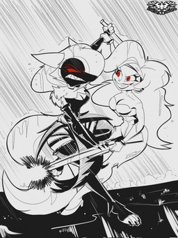 anthro bottomwear breasts canon_x_oc cleavage clothed clothing denim denim_bottomwear denim_clothing dress female fight gun jeans knife pants raining ranged_weapon shotgun weapon knightmoonlight98 hellaverse helluva_boss mythology loona_(helluva_boss) martha_(helluva_boss) canid canid_demon canine demon hellhound human mammal mythological_canine mythological_creature 3:4 black_and_white hi_res monochrome