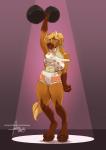 2018 anthro athletic athletic_anthro athletic_female big_breasts biped blonde_hair breasts clothed clothing digital_media_(artwork) equid equine exercise female furlana hair hi_res hooves horse looking_at_viewer mammal shaded simple_background smile solo standing text url weightlifting workout