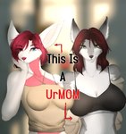 anthro big_ears breasts clothed clothing crop_top duo female female/female grey_body hair red_hair shirt simple_background smile text topwear white_body ballistic-cottontail moiidesho suki_(moiidesho) canid canine canis fennec_fox fox mammal true_fox absurd_res digital_media_(artwork) hi_res