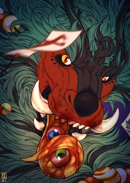 ambiguous_gender black_body black_fur black_nose blood blood_on_face blood_on_tongue blue_eyes bodily_fluids eyeball front_view fur glistening glistening_eyes gore green_body green_eyes green_fur logo looking_at_viewer open_mouth orange_eyes red_body sharp_teeth solo teeth riorix 2021 artist_logo dated hi_res