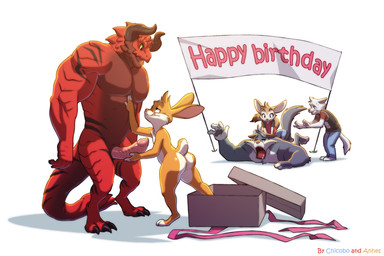 anthro banner bedroom_eyes big_butt birthday bodily_fluids box buckteeth butt container crying genitals gift_box group holding_penis horn imminent_sex licking licking_lips lying male male/male muscular muscular_anthro muscular_male narrowed_eyes nude nude_anthro nude_male on_front on_ground open_box penis rabbit_ears scut_tail seductive short_tail simple_background size_difference standing tail tears teeth tongue tongue_out chicobo mythology anhes_(character) hop_(chicobo) wuf_(chicobo) canid canine canis dragon fennec_fox fox lagomorph leporid mammal mythological_creature mythological_scalie rabbit scalie true_fox wolf 3:2