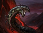 ambiguous_gender armor blind breastplate disability eyeless landscape lava mountain multi_leg multi_limb open_mouth outside sharp_teeth shell solo spine teeth volcano eric_deschamps hasbro magic:_the_gathering wizards_of_the_coast arthropod centipede monster myriapod official_art