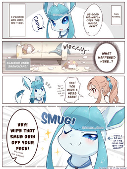 accessory angry blue_body blue_collar blue_eyes blue_hair_ribbon blush brown_hair collar dialogue eye_contact female feral grin hair hair_accessory hair_ribbon long_hair looking_at_another one_eye_closed open_mouth purple_eyes ribbons smile smug_face smug_grin snow sparkles tail tail_motion tailwag text wink aroma_choco third-party_edit nintendo pokemon canid eeveelution generation_4_pokemon glaceon human mammal pokemon_(species) 2025 3:4 artist_name comic english_text hard_translated hi_res translated translation_edit