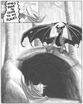 4:5 angry black_and_white claws comic comic_panel dialogue dragon dreadnought_(nuree_art) duo european_mythology female feral forest hi_res horn lair leaf line_art male monochrome mythological_creature mythological_scalie mythology nature nuree_art outside plant reevah_(nuree_art) rock scalie sketch speech_bubble spikes surprise tree tunnel western_dragon wings wood