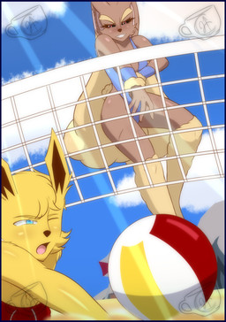 anthro beach blue_border border duo female female_anthro male male_anthro playing sport volleyball pok-zone nintendo pokemon fan_character eeveelution generation_1_pokemon generation_4_pokemon jolteon lopunny pokemon_(species) hi_res