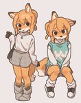 anthro boots bottomwear clothing female footwear fur jewelry necklace orange_body orange_fur purse shoes shorts simple_background sitting skirt smile smiling_at_viewer sneakers solo sweater topwear vest yagi_the_goat canid canine fox mammal hi_res