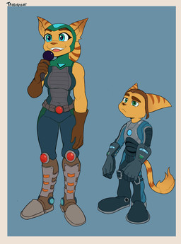 anthro armor belt blue_eyes boots breasts clothing duo electronics female footwear fur gloves green_eyes hair handwear headgear headwear jumpsuit male markings microphone ponytail shoes simple_background smile striped_ears striped_markings striped_tail stripes tail tail_markings tight_clothing utility_belt yellow_body yellow_fur triggerpigart ratchet_and_clank sony_corporation sony_interactive_entertainment angela_cross ratchet_(ratchet_and_clank) alien lombax mammal 2026 absurd_res hi_res signature