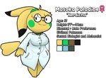 alternate_color anthro anthrofied clothing coat eyewear female glasses green_cheeks lab_coat pokemorph scientist solo topwear yellow_body softestpuffss nintendo pokemon masoka_(softestpuffss) generation_1_pokemon pikachu pokemon_(species) hi_res model_sheet