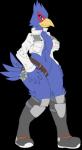 anthro beak belt blue_body blue_feathers boots breasts clothed clothing crossgender feathers female footwear hands_on_hips looking_at_viewer non-mammal_breasts partially_clothed shoes simple_background solo transparent_background wide_hips mitch-kun_(artist) pieismyfave nintendo star_fox falco_lombardi avian bird alpha_channel