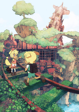 anthro backpack blonde_hair blush clothing detailed_background duo female footwear green_eyes hair legwear male mountain open_mouth outside plant post-apocalyptic short_hair smile train vehicle water rias-coast canid canine canis domestic_dog mammal