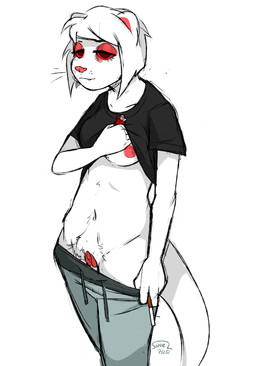 albino anthro biped bottomwear bottomwear_down breasts cigarette clothed clothing clothing_lift female fur genitals hair nipples pants pants_down partially_clothed pubes red_eyes red_sclera shirt shirt_lift short_hair simple_background solo sweatpants topwear vulva white_background white_body white_fur white_hair sneel poppy_(sneel) domestic_ferret mammal mustelid musteline true_musteline weasel 2020 absurd_res hi_res