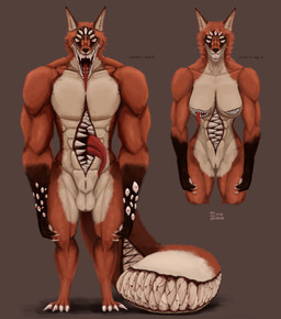 abs anthro balls body_horror breasts duo female genitals living_tail long_nails male multi_eye multi_mouth muscular nipple_mouth penis simple_background tail tail_head tail_mouth teeth tongue unusual_anatomy unusual_tail vein litehase canid canine fox mammal hi_res