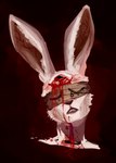 3_eyes anthro blood blood_on_face bodily_fluids crying_blood eye_wraps female fur gore head_wraps lips long_ears multi_eye red_background red_eyes simple_background solo teeth white_body white_fur wraps xaiens ruby_quest ruby_(rq) lagomorph leporid mammal rabbit headshot_portrait portrait