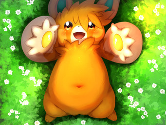 anthro blush blush_lines brown_eyes brown_nose cheek_spots female flower fur genitals grass green_inner_ear looking_at_viewer lying navel on_back open_mouth orange_body orange_ears orange_fur pawpads paws plant solo vulva white_body white_fur yellow_cheeks minami_juuji nintendo pokemon generation_9_pokemon pawmot pokemon_(species) 2026 4:3 absurd_res hi_res