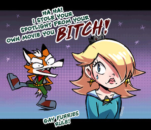 anthro belt black_body black_fur black_nose blonde_hair blue_eyes bodily_fluids boots bottomwear clothing crown crying dancing dialogue dipstick_ears dipstick_tail dress duo ear_markings ear_piercing ear_ring eyebrows eyelashes fangs female footwear fur gem gloves gown hair hair_over_eye hands_on_hips handwear headgear hopping humor jacket jewelry jumpsuit kerchief lipstick makeup male markings mohawk multicolored_ears one_leg_up orange_body orange_fur pants piercing profanity raised_leg ring_piercing shadow shoes simple_background smile star tail tail_markings tears teasing teeth thick_eyebrows tongue topwear tuft white_body white_fur conditional_dnp kazoko_(artist) mario_bros nintendo star_fox super_mario_galaxy fox_mccloud rosalina_(mario) canid canine fox human mammal 2d_animation animated
