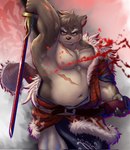 anthro asian_clothing belt blood blue_eyes bodily_fluids clothing east_asian_clothing eyebrows japanese_clothing katana kimono male melee_weapon musclegut muscular navel nipples pecs samurai scar solo sword sword_sheath thick_eyebrows warrior weapon guadr lifewonders tokyo_afterschool_summoners moritaka_(tas) canid canine canis domestic_dog mammal hi_res