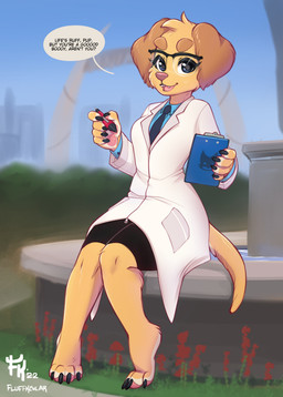 4_toes 5_fingers anthro barefoot biped black_bottomwear black_claws black_clothing black_eyewear black_glasses black_shorts black_text blue_clothing blue_eyes blue_necktie blue_shirt blue_sky blue_topwear bottomwear breasts brown_ears brown_eyebrows circle_eyebrows claws clipboard clothed clothed_anthro clothed_female clothing coat collared_shirt countershade_feet countershade_hands countershading cute_fangs dark_necktie day dialogue dress_shirt eyebrows eyelashes eyewear fangs feet female female_anthro finger_claws fingerpads fingers floppy_ears front_view fully_clothed fully_clothed_anthro fully_clothed_female fur glasses glistening glistening_eyes good_boy grass grey_pupils grey_speech_bubble holding_clipboard holding_object holding_pen holding_writing_utensil humanoid_hands humor iris lab_coat looking_at_viewer lop_ears necktie open_mouth open_smile outside pawpads pen pen_(object) pink_nose pink_pawpads pink_tongue plant plantigrade plantigrade_pawpads pun pupils raised_heel shirt shorts sitting sky smile smiling_at_viewer solo speech_bubble tail talking_to_viewer teeth text toe_claws toes tongue topwear undershirt wearing_glasses white_body white_clothing white_coat white_countershading white_lab_coat white_sclera white_text white_topwear writing_utensil yellow_body yellow_fur yellow_tail conditional_dnp fluff-kevlar pixile_studios super_animal_royale dr._jennifer_dogna bird_dog canid canine canis domestic_dog golden_retriever hunting_dog labrador mammal retriever 2022 artist_name dated digital_drawing_(artwork) digital_media_(artwork) english_text full-length_portrait hi_res portrait