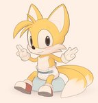 anthro blush clean_diaper clothed clothing diaper diaper_only footwear gloves handwear looking_at_viewer male multi_tail shoes sitting smile solo tail topless wearing_diaper young young_anthro felyn sega sonic_the_hedgehog_(series) miles_prower canid canine fox mammal hi_res