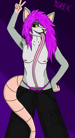 anthro armpit_hair body_hair breasts ear_piercing facial_piercing female gesture hand_gesture long_tongue nipple_piercing nipples nose_piercing piercing pubes solo tongue tongue_out v_sign igrex american_opossum mammal marsupial hi_res
