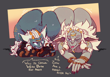 big_butt butt butt_squish clothing dialogue duo facial_markings fingerless_gloves fur gloves grey_body hair handwear head_markings horn jewelry long_hair male male/male markings nude ring selfcest simple_background smile square_crossover squish teeth text thick_thighs tongue tongue_out white_hair buffysaintfury roccorox nintendo tears_of_the_kingdom the_legend_of_zelda rauru_(tears_of_the_kingdom) mammal zonai 2024 digital_media_(artwork) drawpile_(artwork) english_text