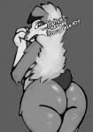2019 ambiguous_gender anthro big_butt blush butt canid canine claws dialogue digital_media_(artwork) english_text fur generation_7_pokemon hi_res looking_back lycanroc mammal midnight_lycanroc monochrome nintendo open_mouth pokemon pokemon_(species) rear_view shy simple_background solo text thick_thighs visionaryserpent wide_hips