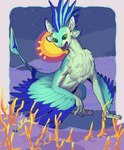 4_ears anthro blue_body blue_feathers countershading dewclaw digitigrade duo feathered_crest feathered_wings feathers female green_body green_eyes head_crest multi_ear semi-anthro winged_arms wings chiiiy_25 luvashi anthozoan avali avian cnidarian coral marine hi_res