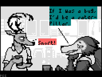beverage clothing coffee dialogue duo kitchen male onomatopoeia sound_effects text parkercc beastars legoshi_(beastars) louis_(beastars) canid canine canis deer humanoid mammal wolf 4:3 digital_media_(artwork) monochrome pixel_(artwork)