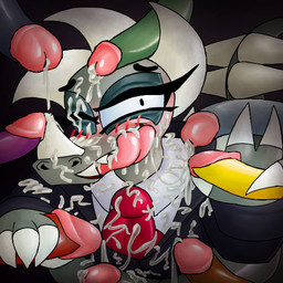 anthro aroused back_spikes black_clothing black_eyeshadow black_suit blush bodily_fluids bottomless bukkake business_suit clothed clothing collared_shirt cum cum_drip cum_everywhere cum_in_mouth cum_inside cum_on_arm cum_on_belly cum_on_body cum_on_cheek cum_on_chest cum_on_chin cum_on_clothing cum_on_face cum_on_head cum_on_penis cum_on_tongue double_handjob dripping ejaculation erection excessive_cum excessive_genital_fluids eyelashes eyeshadow facial_horn femboy gangbang genital_fluids genitals gesture group group_sex hand_gesture handjob head_horn horn hyper hyper_cum leaning leaning_forward legs_together licking licking_cum licking_lips licking_own_lips looking_at_viewer makeup male male/male messy necktie nose_horn one_eye_closed open_mouth open_smile penile penis penis_on_face penis_on_head red_necktie sex shirt smile spikes spikes_(anatomy) suit surrounded_by_penises tail thick_thighs tongue tongue_out toony topwear v_sign white_collared_shirt wink nbac62mek49 godzilla_(series) toho angirasu anguirus dinosaur prehistoric_species reptile scalie 1:1 digital_drawing_(artwork) digital_media_(artwork) digital_painting_(artwork) half-length_portrait low_res painting_(artwork) portrait