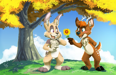 anthro blue_eyes blue_sky brown_body brown_fur cheek_tuft day duo facial_tuft featureless_crotch flower front_view fur glistening glistening_eyes hair head_tuft holding_flower holding_object male male_anthro markings nude open_mouth open_smile orange_hair orange_markings outside pink_tongue plant purple_eyes short_hair sky smile standing tan_body tan_fur tongue tree tuft white_body white_fur pandapaco buckleythedeer rabidrabbit56 deer lagomorph leporid mammal rabbit digital_media_(artwork) digital_painting_(artwork) painting_(artwork)