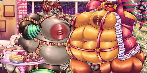 anthro bell bell_harness belly big_belly big_breasts breasts brown_nipples butt cake close-up clothing cookie costume dark_body dark_fur dessert duo eyewear feederism feeding female food fur genitals glasses grey_body grey_fur hair harness holidays jingle_bell jingle_bell_harness light_body light_fur male male/female milk nipples obese obese_anthro obese_female obese_male orange_body overweight overweight_anthro overweight_female overweight_male pink_nipples red_hair reindeer_antlers reindeer_costume santa_costume sex_toy thong underwear vibrator vulva weight_gain yellow_body lionberrymochi christmas elephant elephantid mammal mustelid otter proboscidean absurd_res hi_res