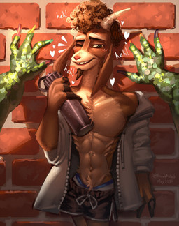abs anthro athletic athletic_anthro athletic_male blush bottle bottomwear bottomwear_down brick brick_wall brown_body brown_fur brown_hair clothed clothing colored_nails container duo fur green_body green_scales hair heart_symbol hoodie horn laugh male male/male nails navel one_eye_closed onomatopoeia open_clothing open_hoodie open_topwear out_of_frame partially_clothed pecs pinned pinned_to_wall scales shorts shorts_down smile sound_effects text topwear underwear wall_(structure) water_bottle hoodypisded goat_(movie) sony_corporation sony_pictures modo_olachenko will_harris bovid caprine goat komodo_dragon lizard mammal monitor_lizard reptile scalie absurd_res hi_res