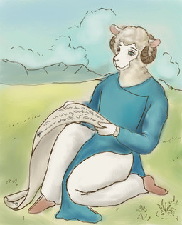 anthro blue_eyes cloud ears_up eyebrows fur grass grass_field horn kneeling looking_down male mountain mountain_range outside plant sky skyscape solo white_body white_fur wool_(fur) reynard_goodfellow reynard_the_baa bovid caprine mammal sheep