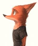 anthro black_nose brown_body brown_fur clothed clothing fur green_eyes living_image male orange_body orange_fur shirt side_view simple_background solo topwear white_background white_body white_fur sprinkah disney zootopia nick_wilde canid canine fox mammal red_fox true_fox 2017 half-length_portrait hi_res portrait