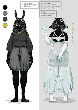 accessory anthro armwear before_and_after black_body black_fur blush clothing elbow_gloves fur gesture gloves hair_accessory handwear humiliation legwear lingerie long_sleeve_shirt mind_break negligee standing text thigh_highs waving white_clothing white_gloves white_handwear white_legwear white_thigh_highs yellow_eyes madocchi absurd_res english_text hi_res japanese_text translation_request