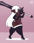 bangs big_butt blunt_bangs bottom_heavy breasts brown_body brown_skin butt cleavage clothed clothing curvy_figure dark_body dark_skin female female_humanoid footwear hair high_heels holding_melee_weapon holding_object holding_sword holding_weapon huge_butt huge_thighs humanoid_pointy_ears legwear melee_weapon midriff not_furry pointy_ears shoes short_stack small_breasts solo sword thick_thighs thigh_highs weapon white_hair wide_hips cobatsart final_fantasy final_fantasy_xiv square_enix mary_muffin humanoid lalafell 2022 animated digital_media_(artwork) short_playtime