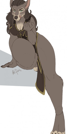 anthro beckoning breasts brown_body brown_fur brown_hair clothed clothing female fur gesture green_eyes hair inviting licking licking_lips licking_own_lips looking_at_viewer self_lick simple_background solo thick_thighs tongue tongue_out redpixie blizzard_entertainment warcraft roxia_(dtjames) canid mammal werecanid werecreature worgen 2017 hi_res