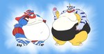 accessory anthro belly big_belly blue_body blue_fur bottomwear boxing_gloves claws clothed clothing collar duo feet fur handwear headband horn leotard male morbidly_obese obese obese_anthro obese_male overweight overweight_anthro overweight_male red_eyes shirt shorts simple_background tank_top thick_thighs toes topwear wraps yellow_body yellow_eyes paceplusle bandai_namco digimon canid canine digimon_(species) gabumon gaomon mammal reptile scalie 2022 absurd_res digital_media_(artwork) hi_res watermark