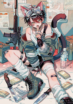 5_fingers band-aid bandage bottle clothed clothing container ear_piercing ear_ring fingers gun human_and_animal_ears inner_ear_fluff knife male multi_ear piercing ranged_weapon ring_piercing solo tail tuft weapon young young_humanoid young_male zaku6584 animal_humanoid cat_humanoid felid felid_humanoid feline feline_humanoid humanoid mammal mammal_humanoid tailed_humanoid absurd_res hi_res