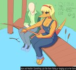 2024 5_fingers 5_toes accessory anon_(snoot_game) anthro bald barefoot black_eyes blonde_hair breasts cavemanon_studios choker cleavage clothed clothing denim denim_clothing detailed_background digital_drawing_(artwork) digital_media_(artwork) dinosaur duo english_text eyelashes feet female fingers fishing fishing_rod footwear gesture hair hair_accessory hairband hand_gesture heather_(snoot_game) hi_res human jacket jewelry light-skinned_male light_body light_skin long_hair long_tail male mammal math necklace orange_body orange_scales overalls overalls_only pointing pond prehistoric_species question_mark ratherdevious_(artist) reptile scales scalie shoes sitting smile sneakers snoot_game snout suntan tail tan_line text toes topwear water