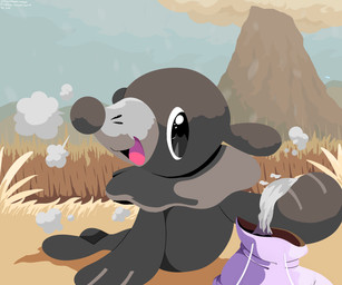 ambiguous_gender black_eyes brown_body dry_grass feral grass markings open_mouth plant sack solo soot tail tongue volcano whisker_markings sleepy_sealion nintendo pokemon generation_7_pokemon pokemon_(species) popplio 2025 6:5 dated hi_res signature