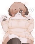 4_fingers anthro bare_shoulders big_breasts biped blush blush_lines bottomless bottomless_anthro bottomless_female breasts brown_body brown_clothing brown_ears brown_eyes brown_fur brown_hair brown_legwear brown_nose brown_pawpads brown_stockings brown_tail brown_thigh_highs chest_tuft claws clothed clothed_anthro clothed_female clothing countershade_face countershade_fur countershade_legs countershade_torso countershading curvy_figure cute_fangs fangs female female_anthro finger_claws fingerpads fingers floppy_ears fluffy front_view fur grey_claws hair hair_over_eye half-closed_eyes handpaw kemono legwear looking_at_viewer lop_ears mature_anthro mature_female monotone_hair multicolored_body multicolored_eyes multicolored_fur narrowed_eyes pawpads paws pink_tongue pupils question_mark simple_background slightly_chubby slightly_chubby_anthro slightly_chubby_female solo speech_bubble standing stockings sweater_dress tail teeth thick_thighs thigh_highs tongue tuft two_tone_body two_tone_eyes two_tone_fur voluptuous white_background white_body white_countershading white_eyes white_fur wide_hips chipar canid canine canis domestic_dog mammal molosser mountain_dog saint_bernard 2024 colored digital_media_(artwork) hi_res portrait shaded three-quarter_portrait